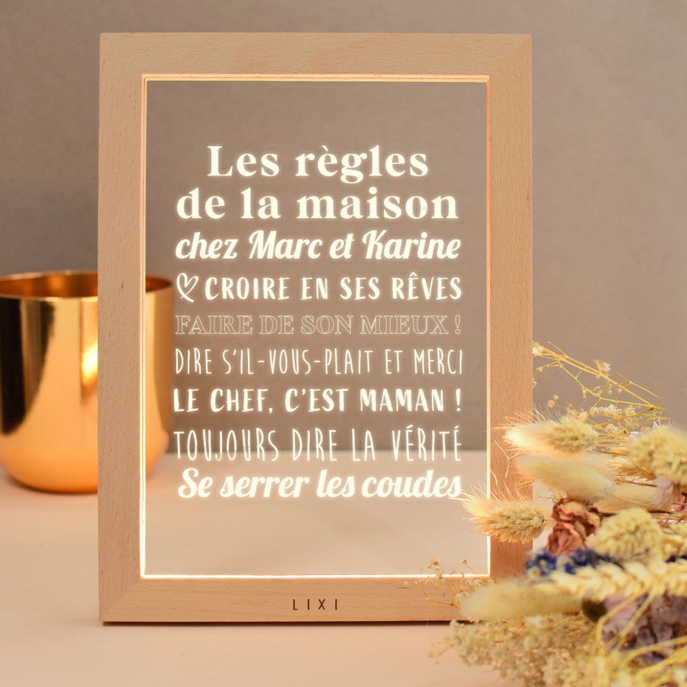 Cadre Lumineux Lixi Outline Les Règles de la Maison à Personnaliser - Lampe Personnalisée