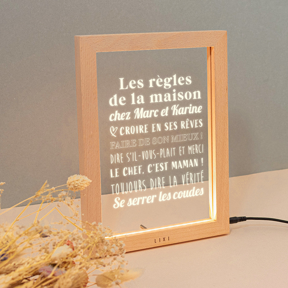 Cadre Lumineux Lixi Outline Les Règles de la Maison à Personnaliser - Lampe Personnalisée