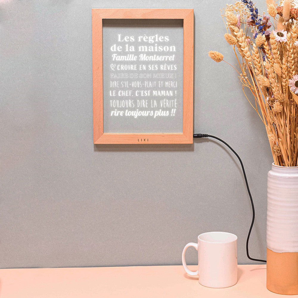 Cadre Lumineux Lixi Outline Les Règles de la Maison à Personnaliser - Lampe Personnalisée