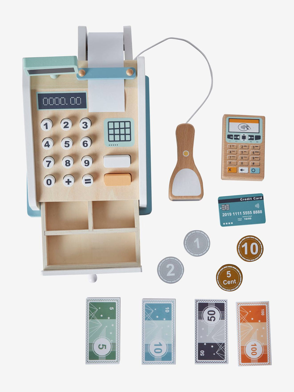 Caisse enregistreuse et ses accessoires en bois FSC multicolore