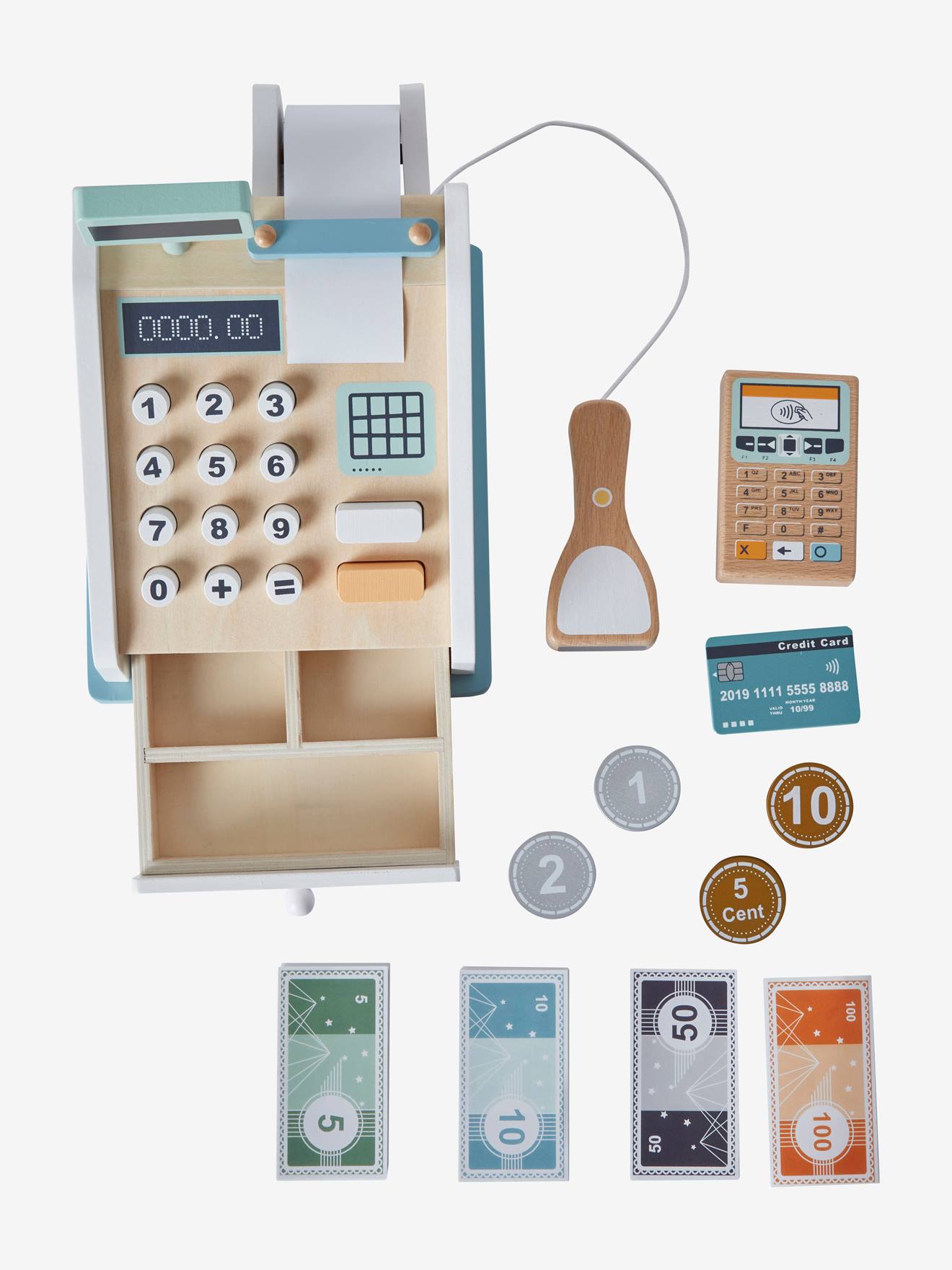 Caisse enregistreuse et ses accessoires en bois FSC multicolore