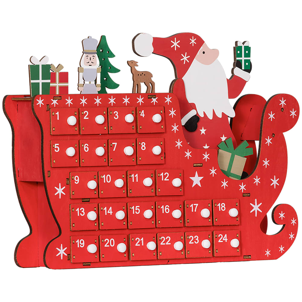 Calendrier de l'Avent Homcom traîneau du Père Noël 24 tiroirs en bois rouge – vue 1