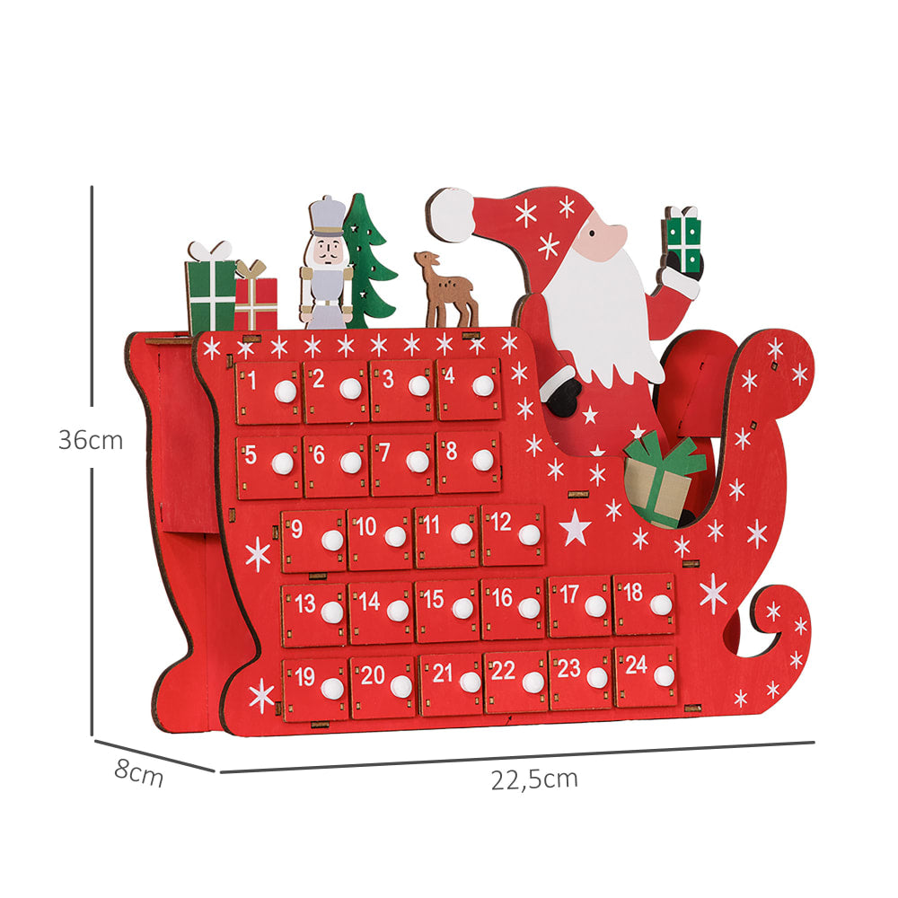 Calendrier de l'Avent Homcom traîneau du Père Noël 24 tiroirs en bois rouge – vue 4