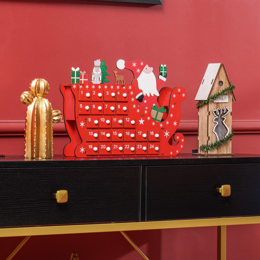 Calendrier de l'Avent Homcom traîneau du Père Noël 24 tiroirs en bois rouge – vue 3