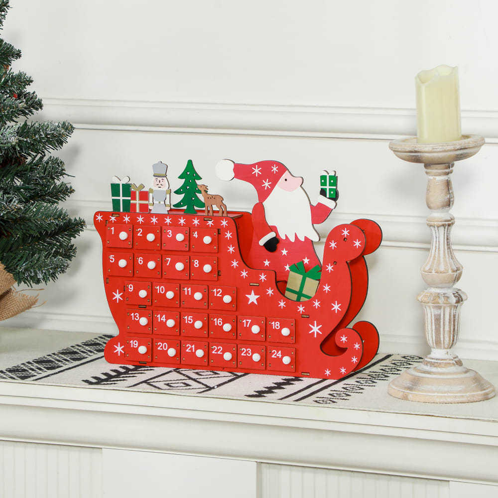 Calendrier de l'Avent Homcom traîneau du Père Noël 24 tiroirs en bois rouge – vue 2
