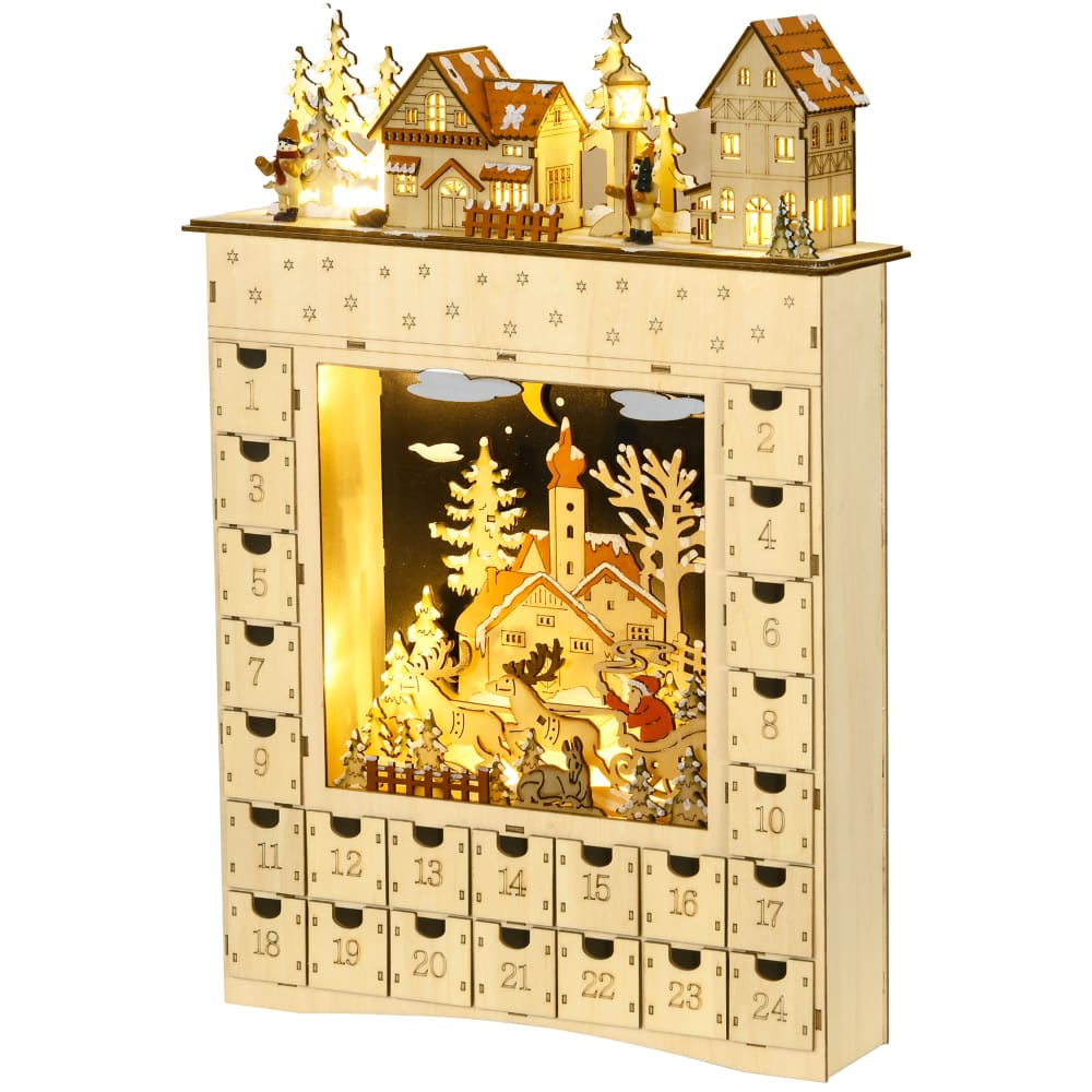 Calendrier de l'Avent LED Homcom 24 tiroirs village enneigé – vue 1