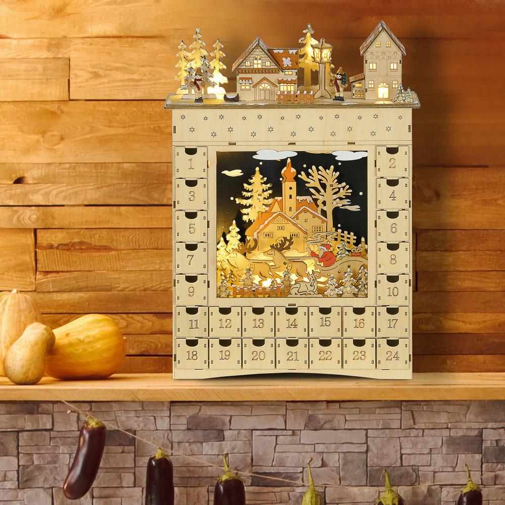 Calendrier de l'Avent LED Homcom 24 tiroirs village enneigé – vue 3