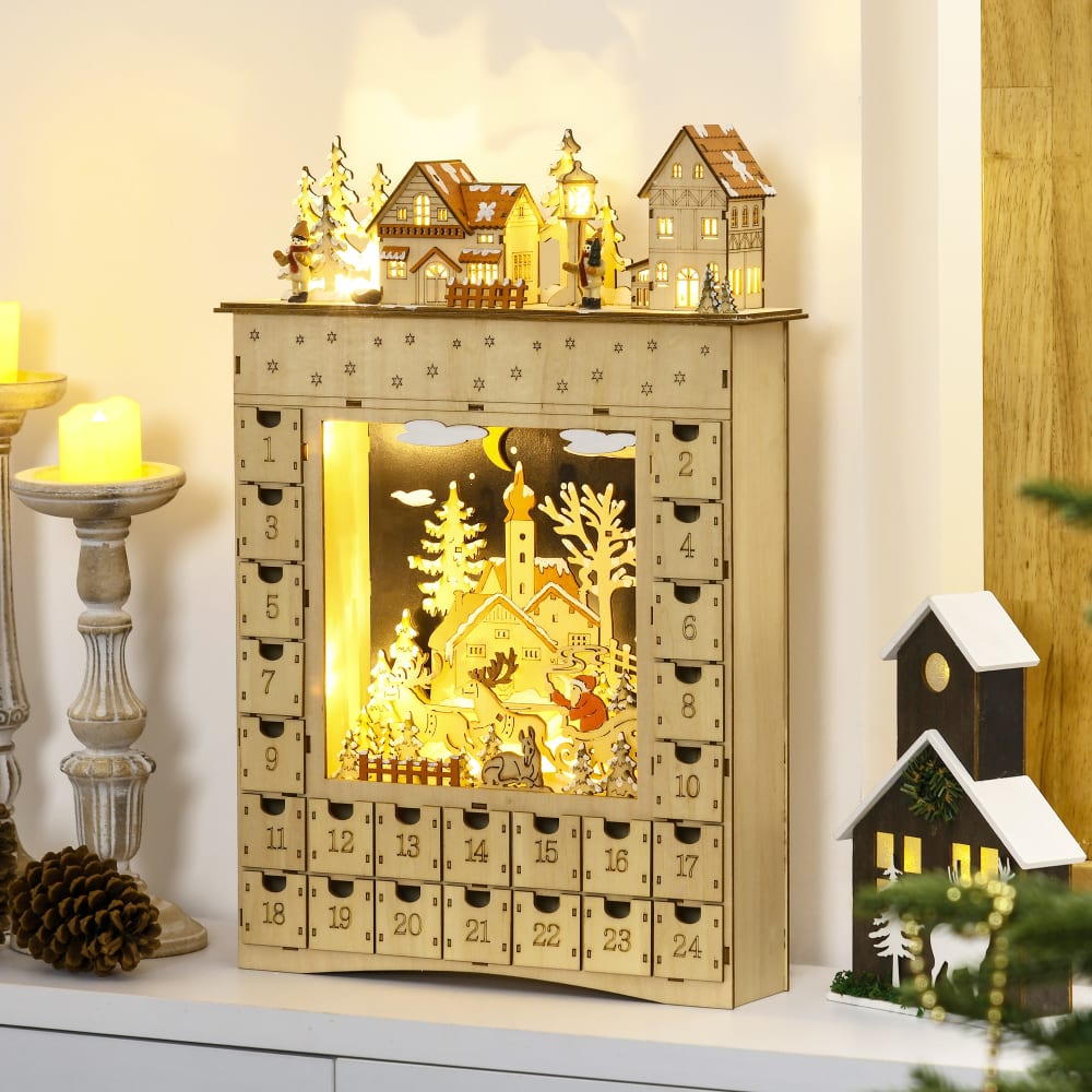 Calendrier de l'Avent LED Homcom 24 tiroirs village enneigé – vue 2