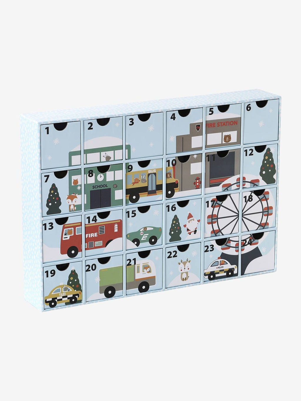 Calendrier de l'avent avec jouets en bois FSC véhicules