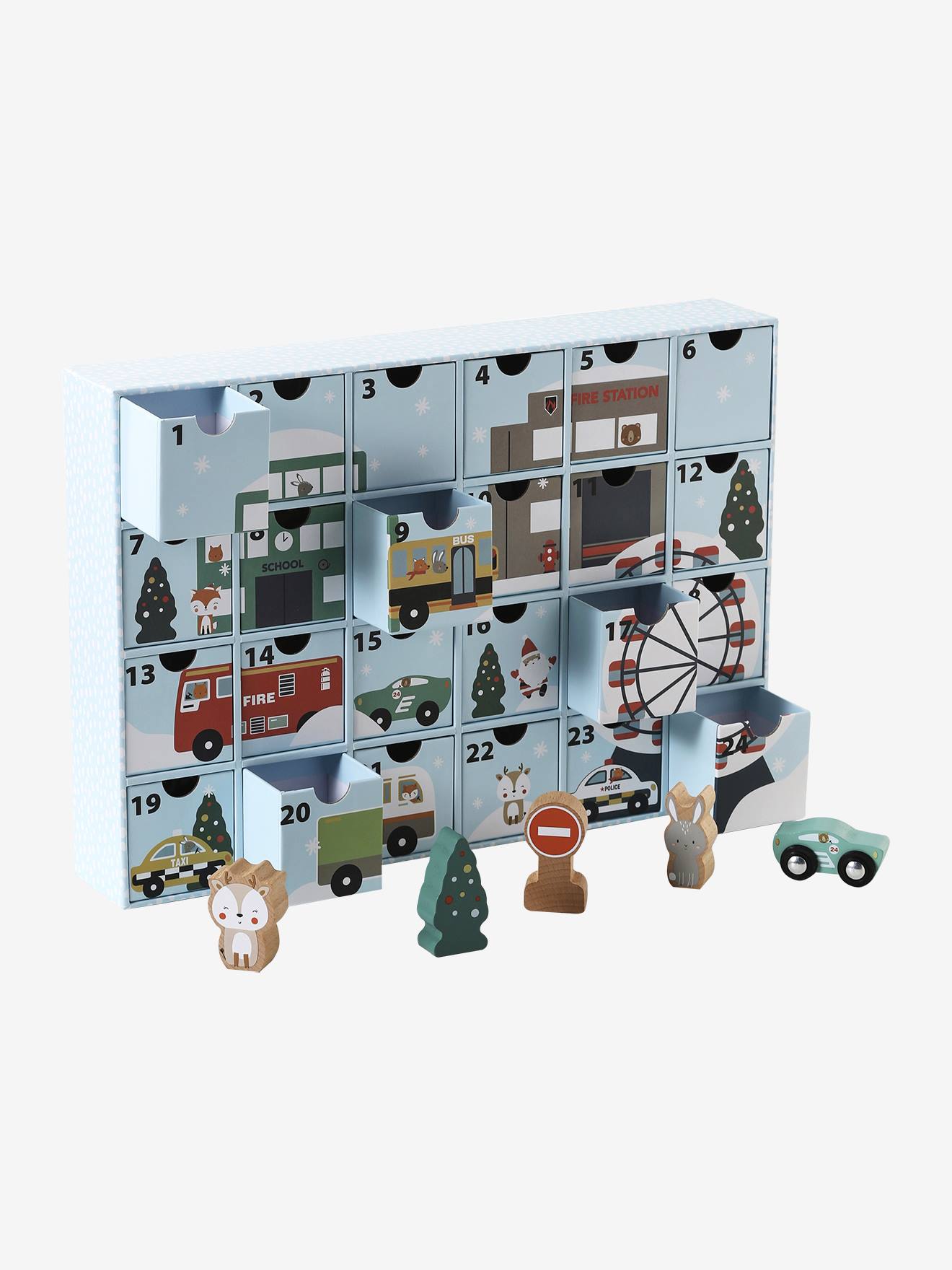 Calendrier de l'avent avec jouets en bois FSC véhicules
