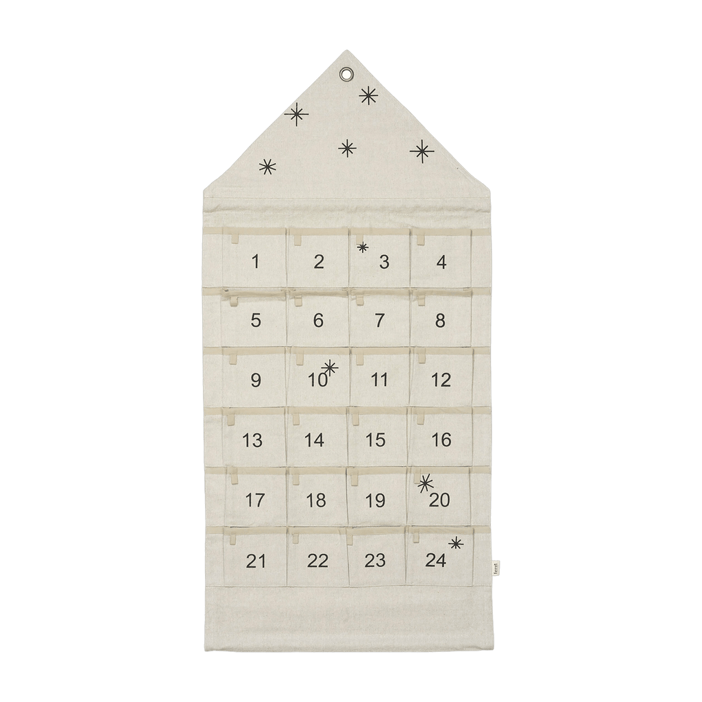 Calendrier de l'Avent étoilé sable Ferm Living en coton brodé or, 24 poches