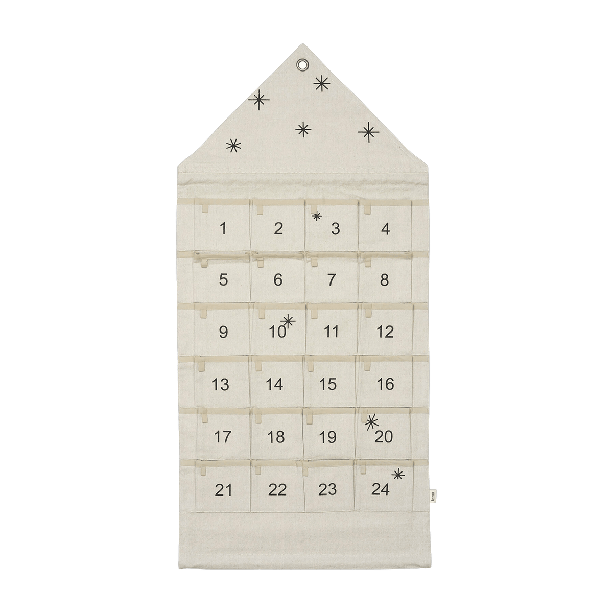 Calendrier de l'Avent étoilé sable Ferm Living en coton brodé or, 24 poches