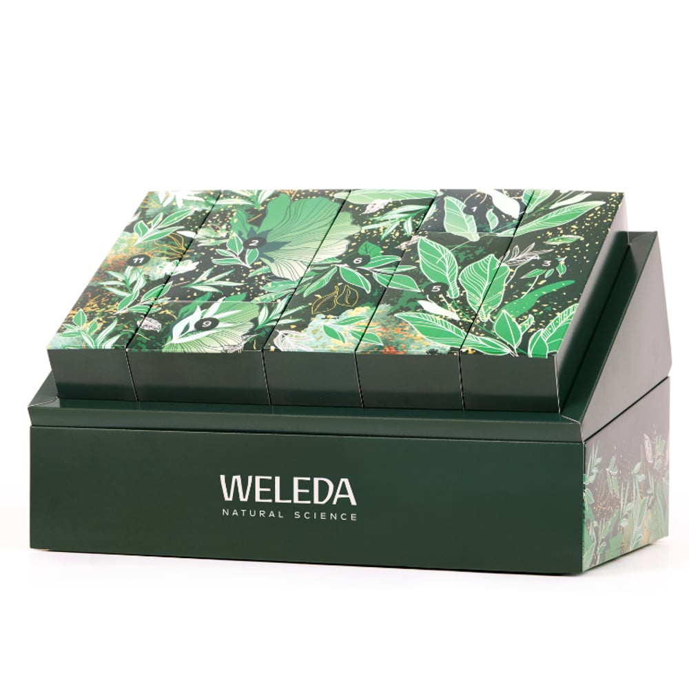 Calendrier de l'Avent Weleda, écrin végétal illustré à 24 cases