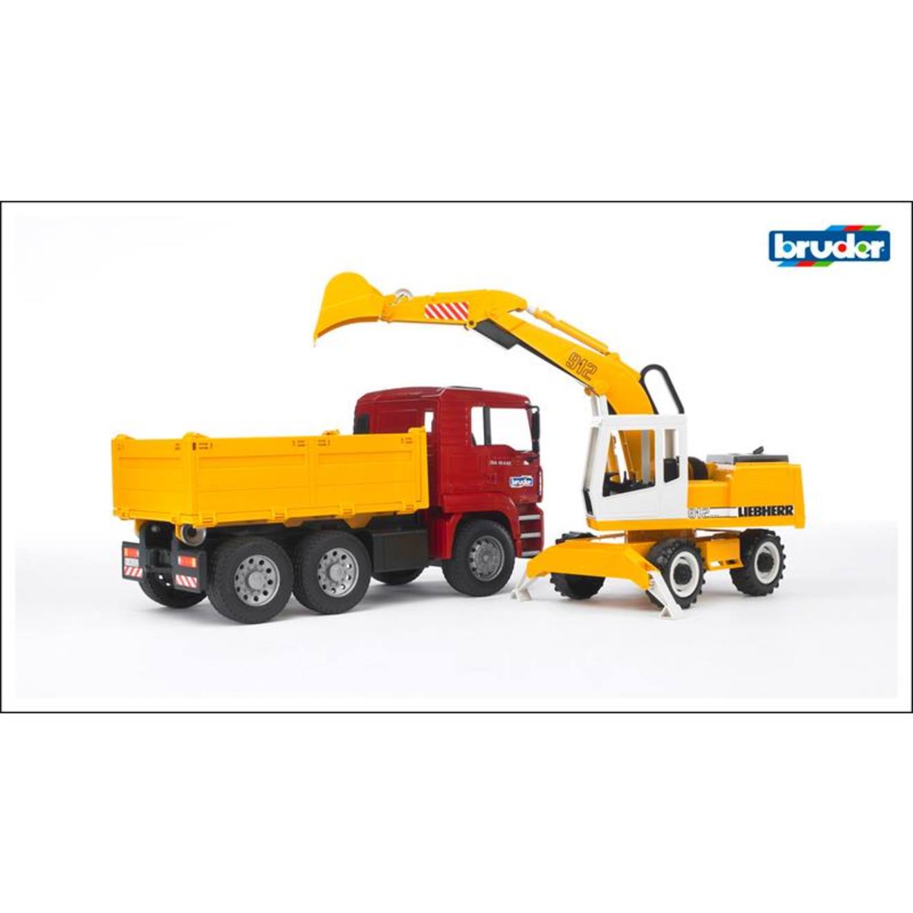 Camion à benne basculante man tga avec pelleteuse liebherr multicolore