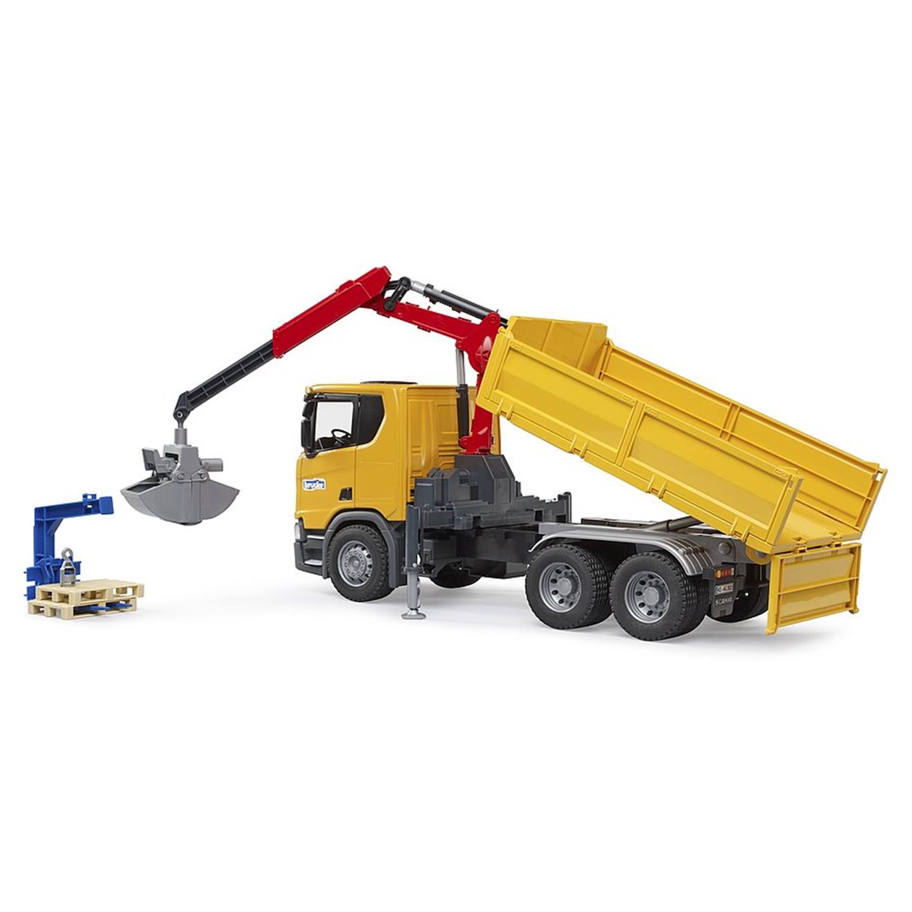 Camion de chantier scania super 560r avec grue et 2 palettes jaune