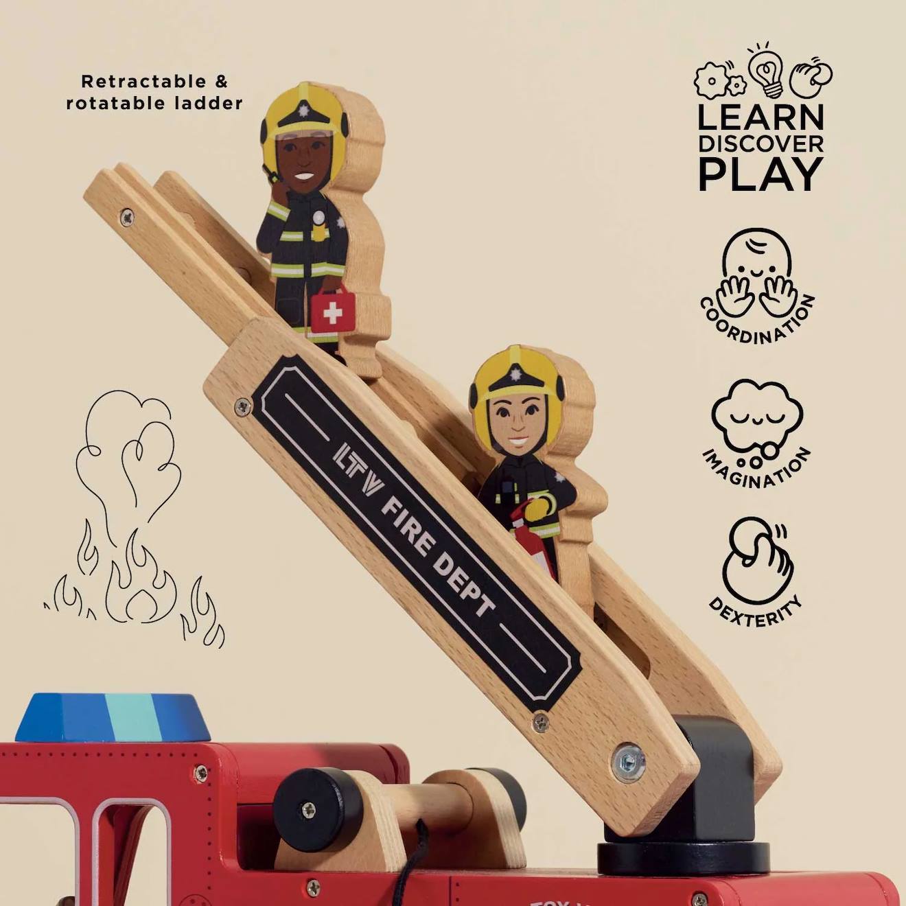 Camion de pompier en bois rouge