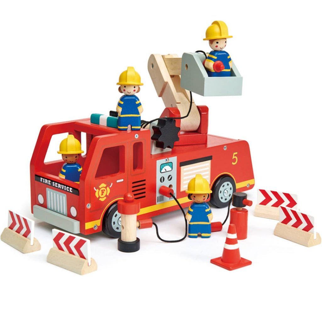 Camion de pompiers en bois rouge, bleu, blanc