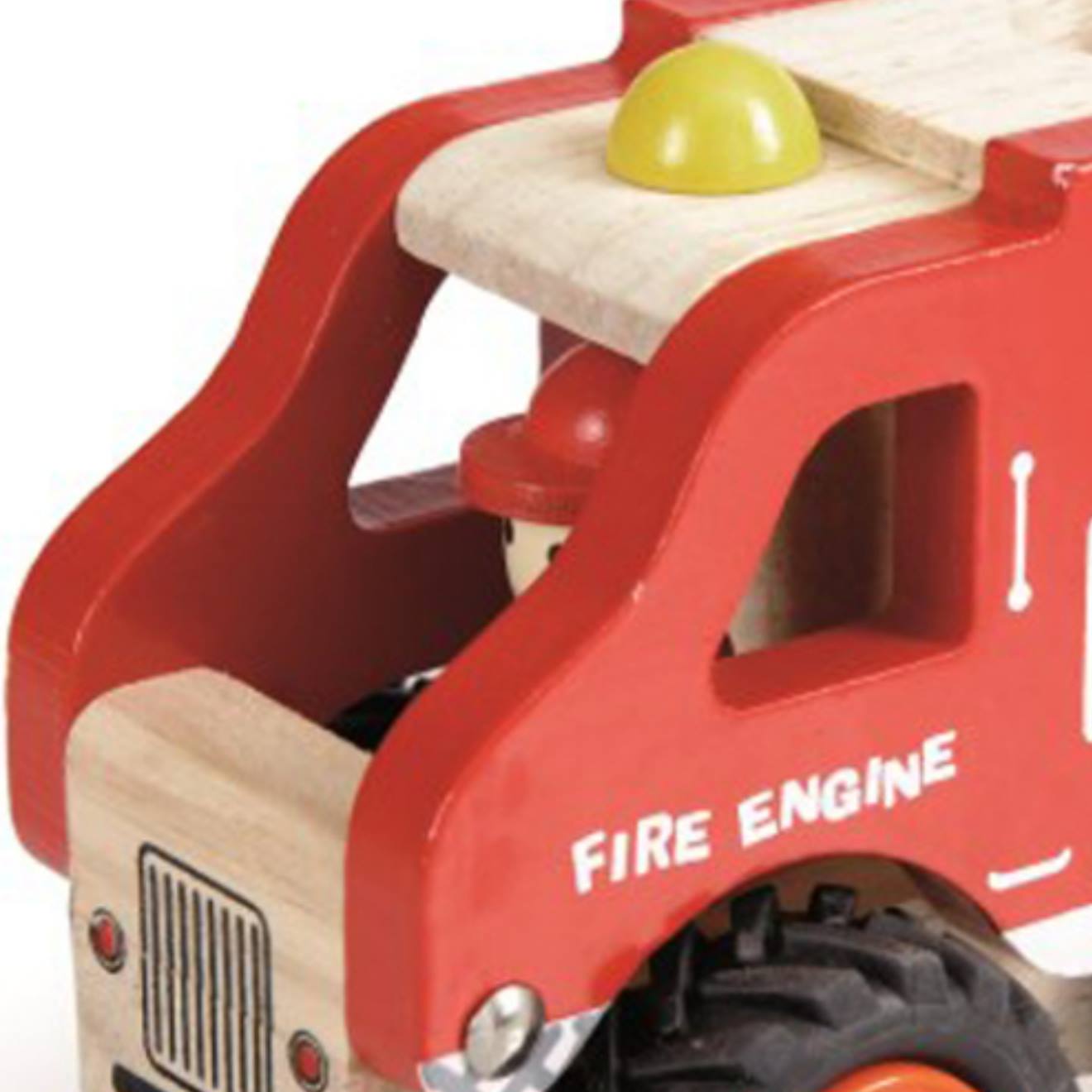 Camion de pompiers en bois rouge, noir, beige