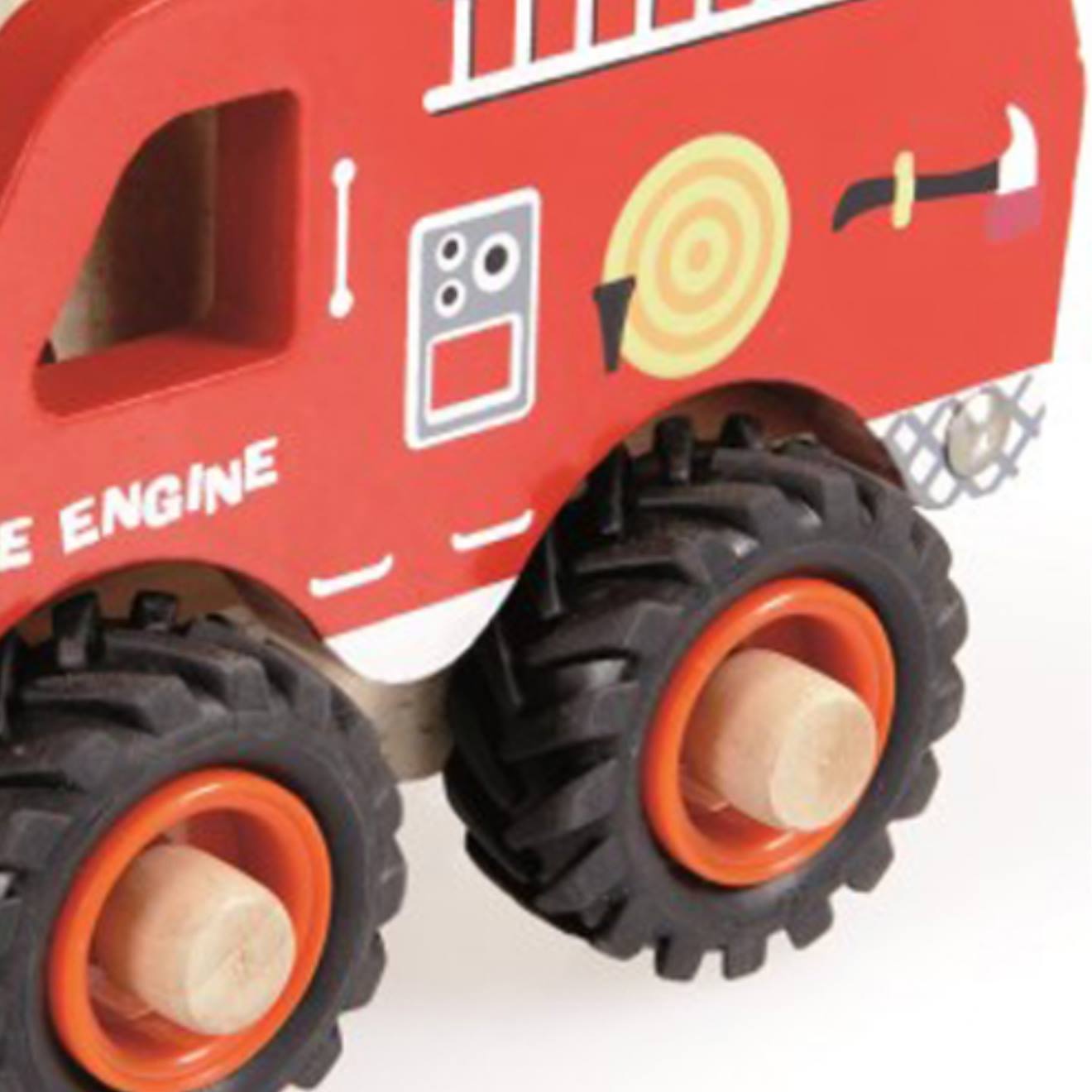 Camion de pompiers en bois rouge, noir, beige