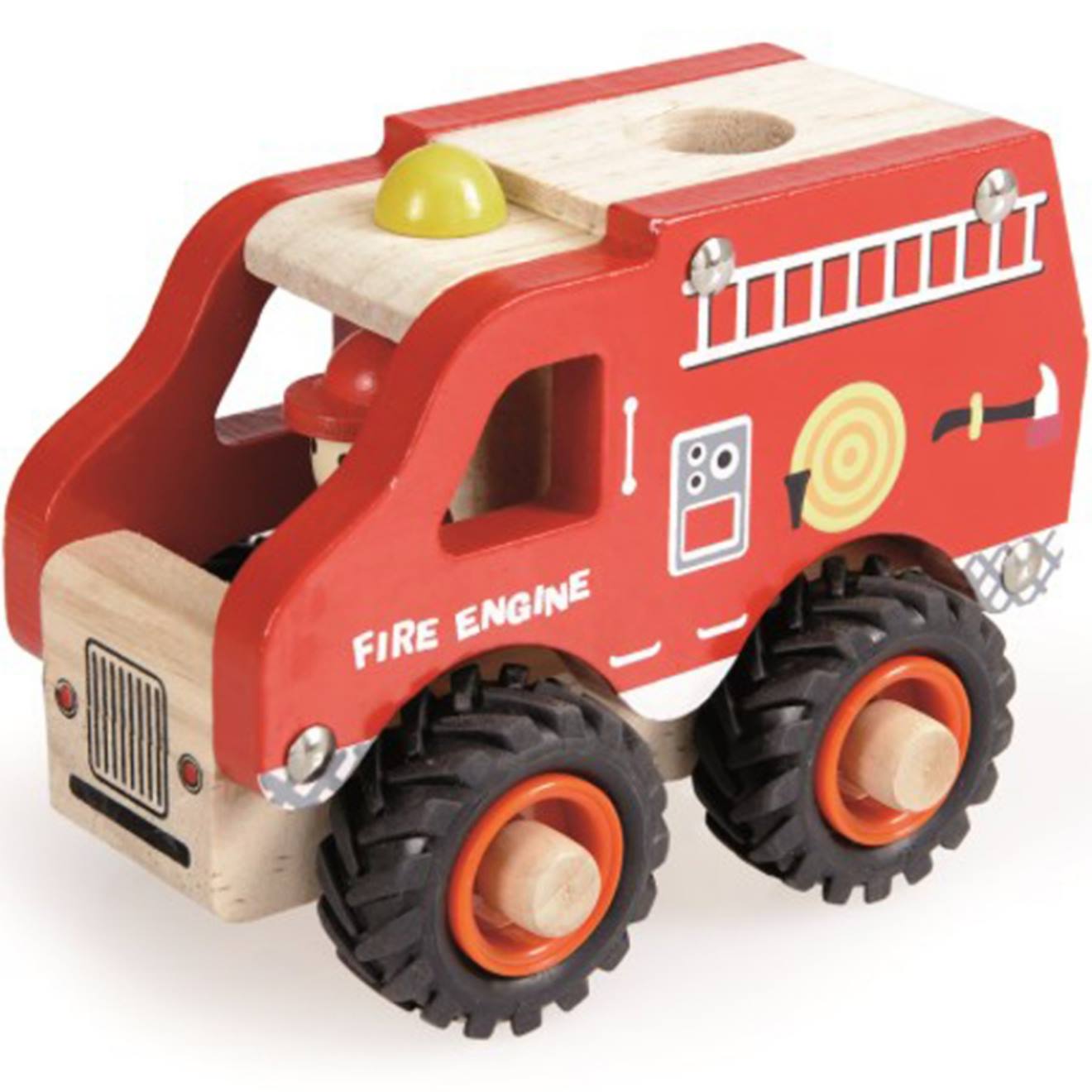 Camion de pompiers en bois rouge, noir, beige