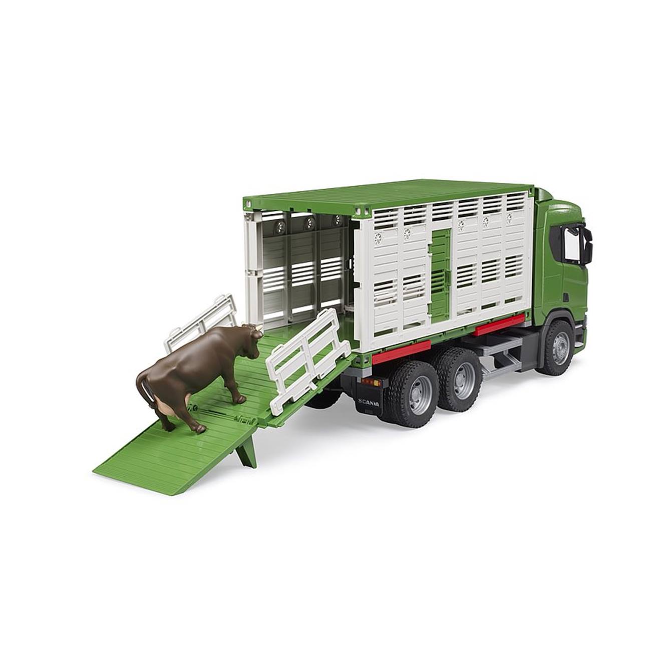 Camion de transport d'animaux scania super 560r avec 1 bœuf vert