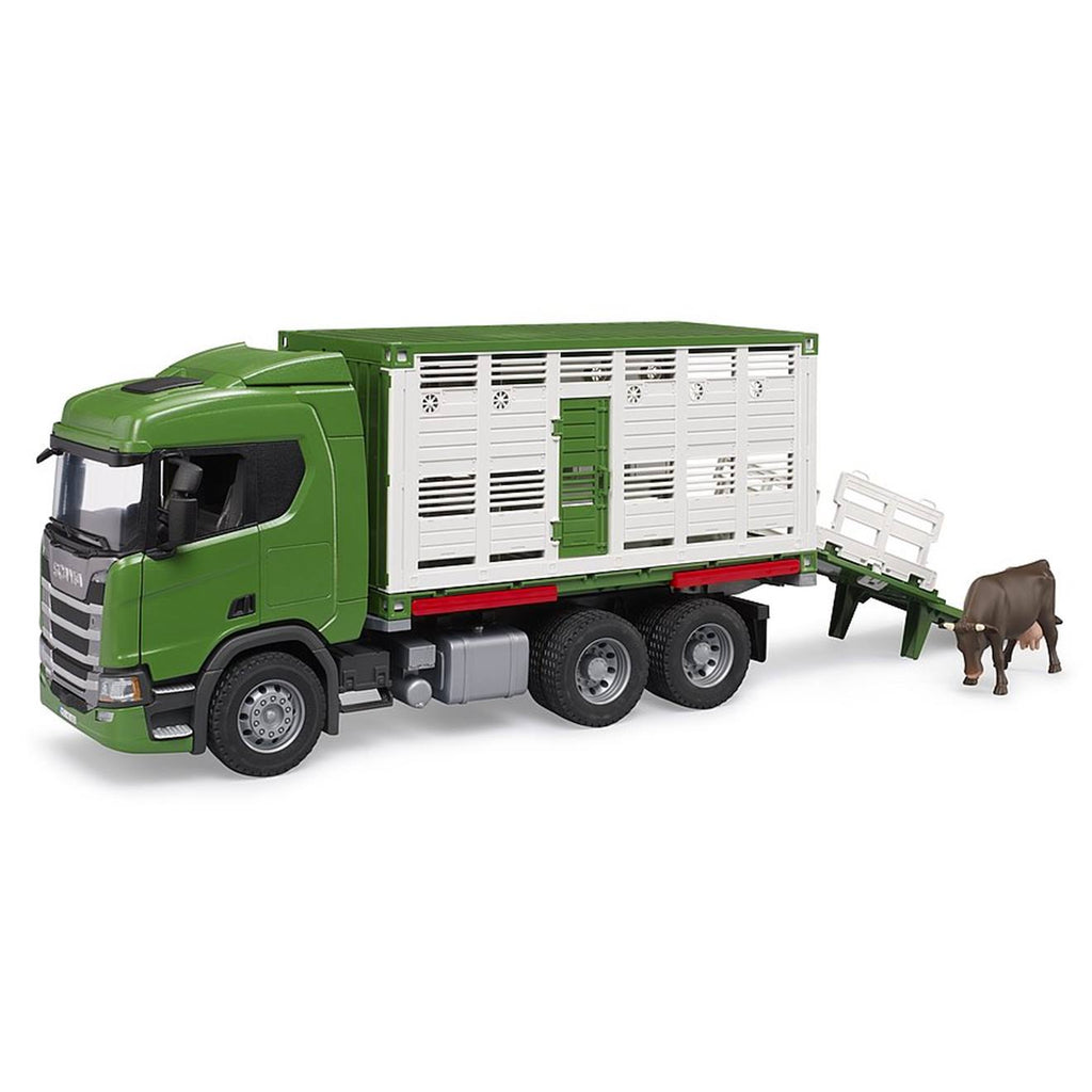 Camion de transport d'animaux scania super 560r avec 1 bœuf vert
