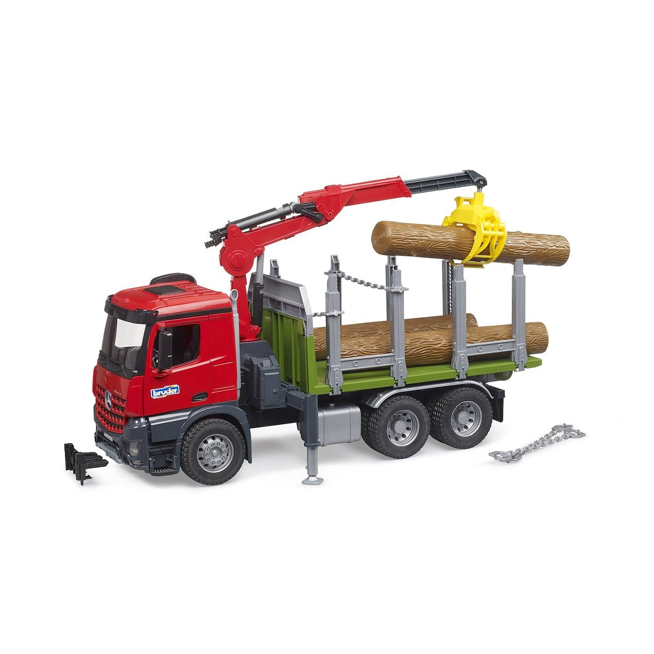 Camion de transport de bois mb arocs avec grue de chargement, grappin et 3 troncs d'arbre multicolore