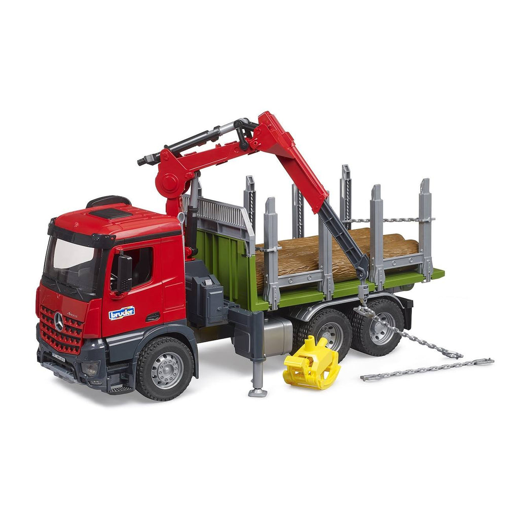 Camion de transport de bois mb arocs avec grue de chargement, grappin et 3 troncs d'arbre multicolore