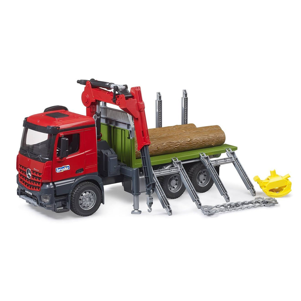 Camion de transport de bois mb arocs avec grue de chargement, grappin et 3 troncs d'arbre multicolore