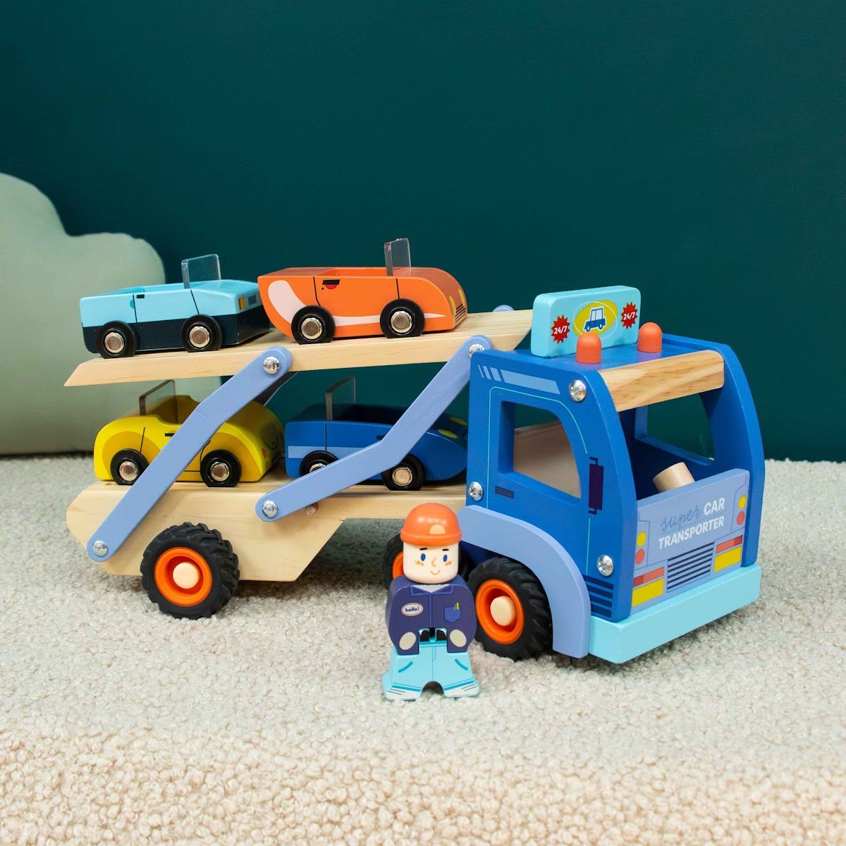 Camion transporteur de voitures en bois Moulin Roty avec remorque articulée et petites voitures