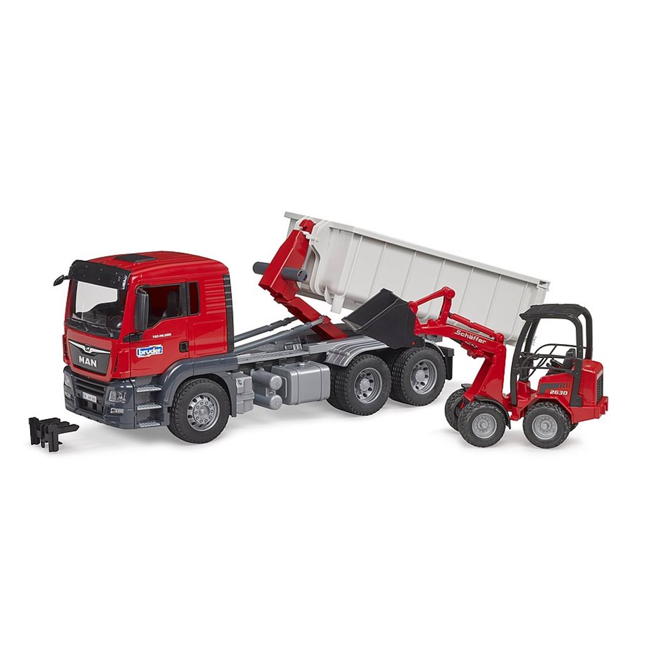 Camion man tgs avec benne amovible et chargeur schäffer rouge