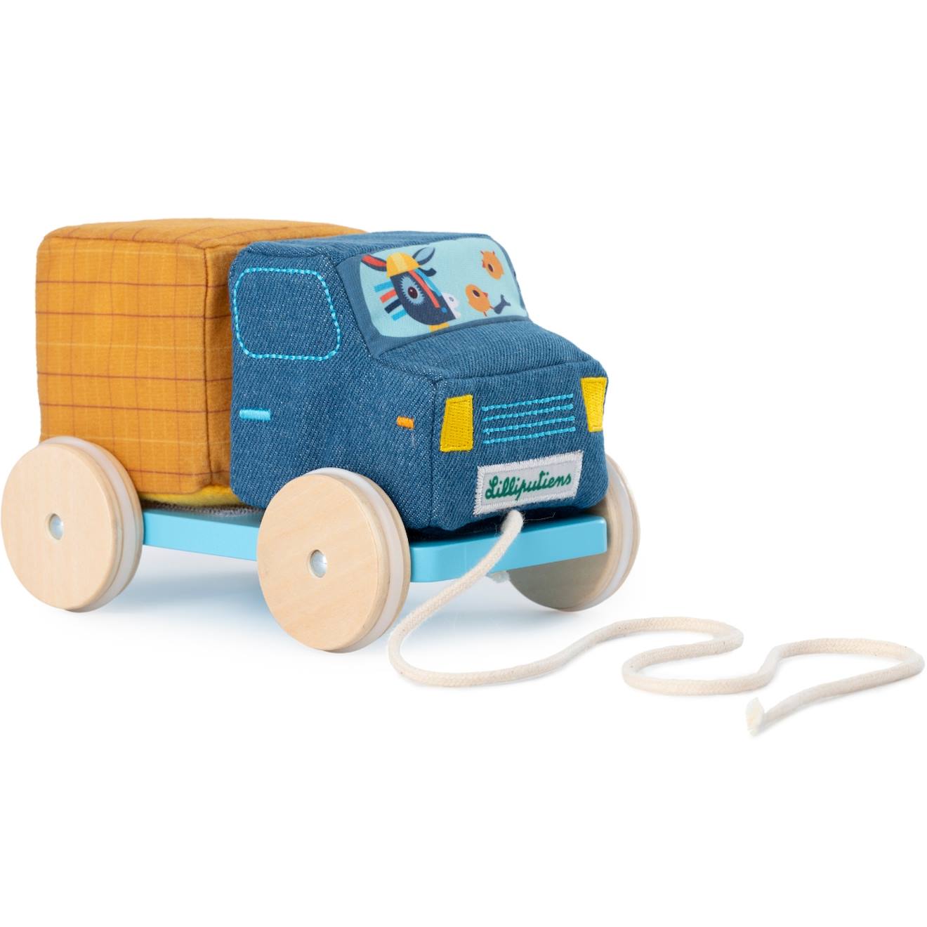 Camion toupie à tirer bleu, jaune