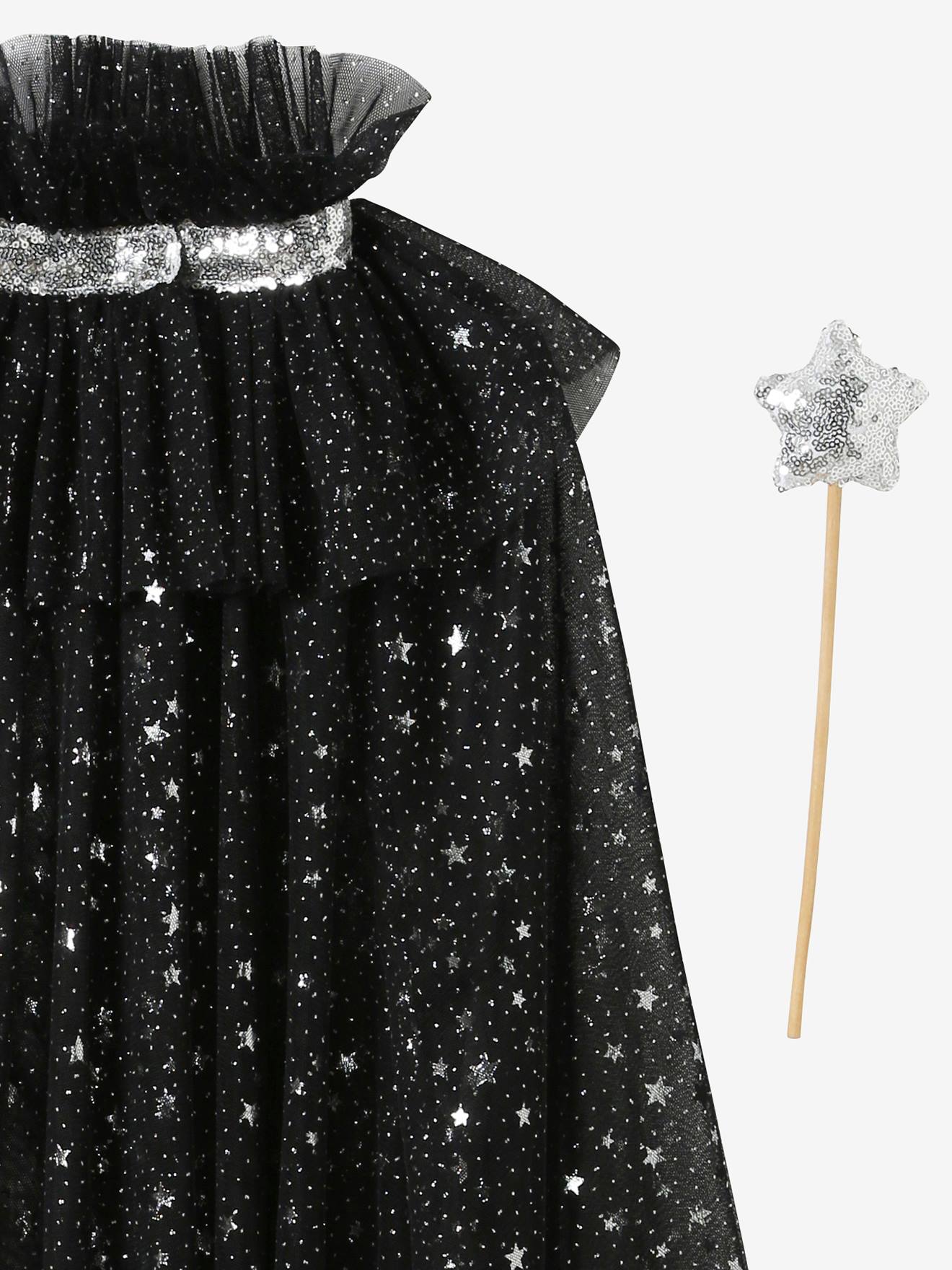 Cape à étoiles et paillettes + baguette noir