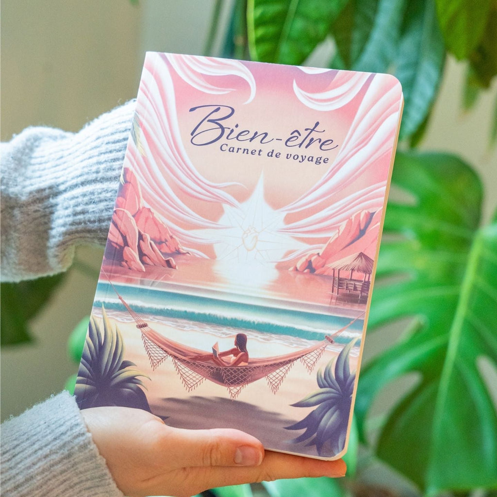 Carnet bien-etre A5 motif hamac et coucher de soleil