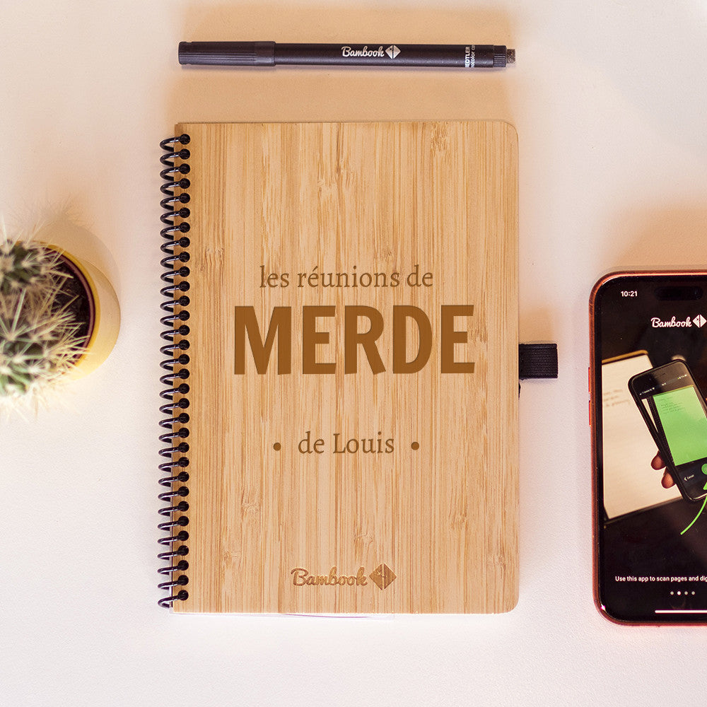 Carnet Connecté Effaçable en Bambou Réunions de Merde à Personnaliser Format A5 - Carnet Personnalisé