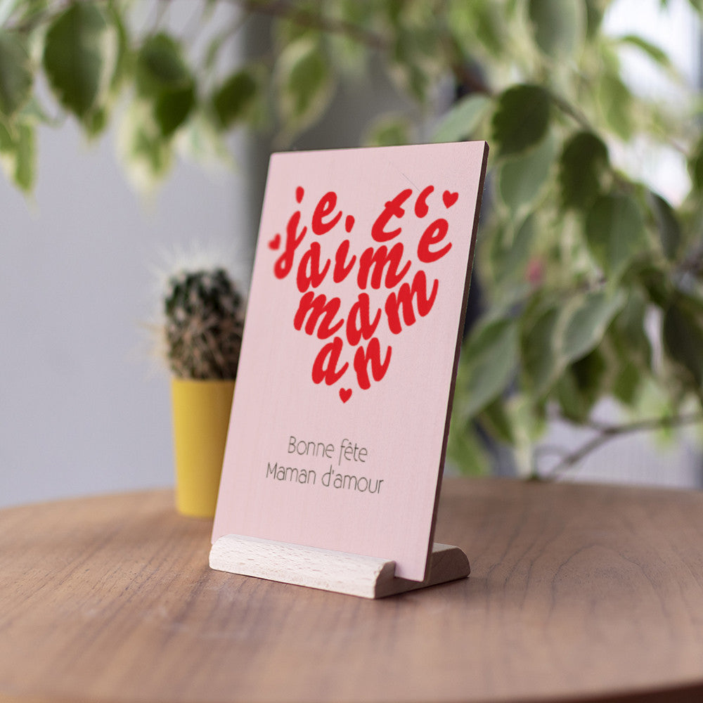 Carte en Bois Je t'aime Maman à Personnaliser - Carte en Bois Personnalisable