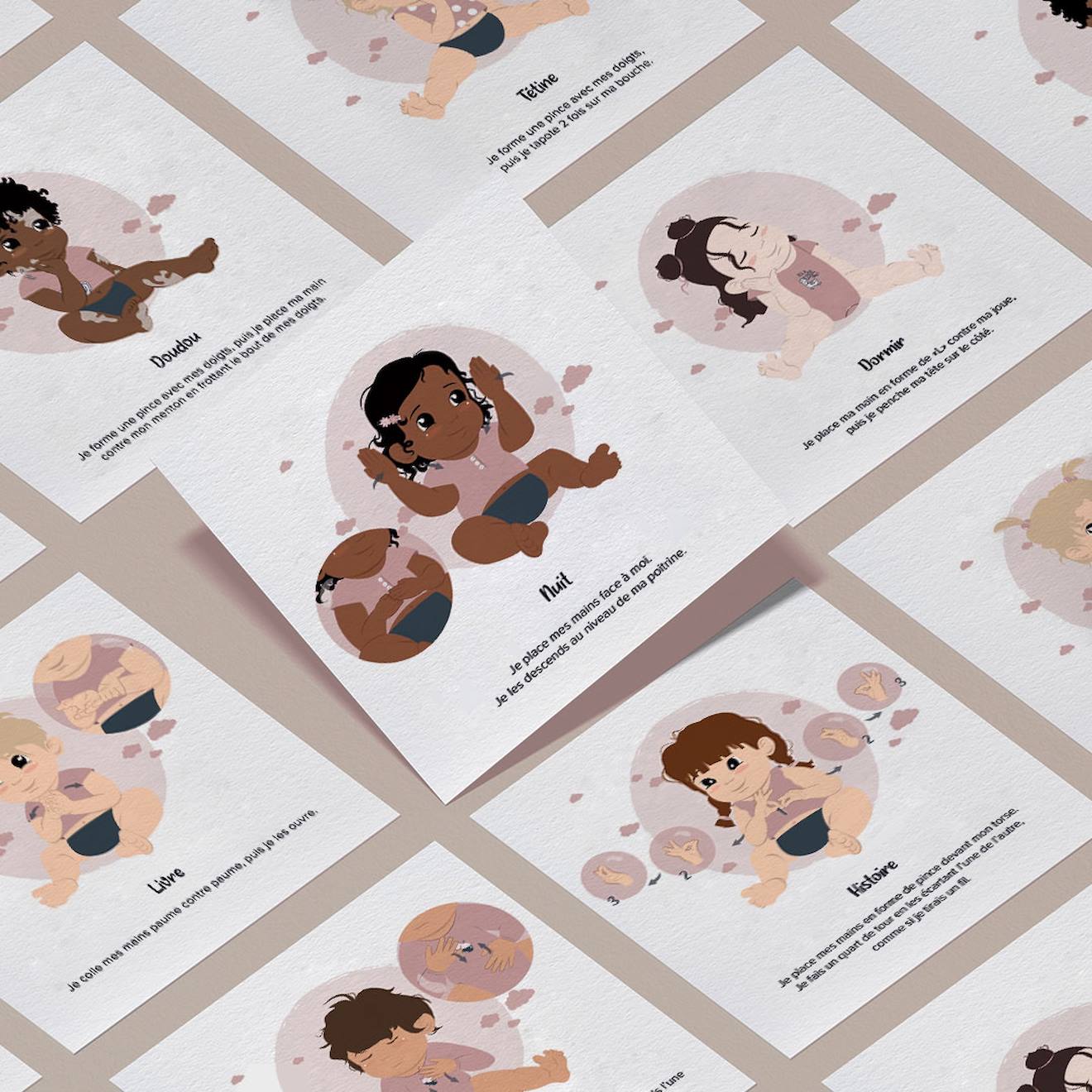 Cartes bébé signe blanc - rituel du soir