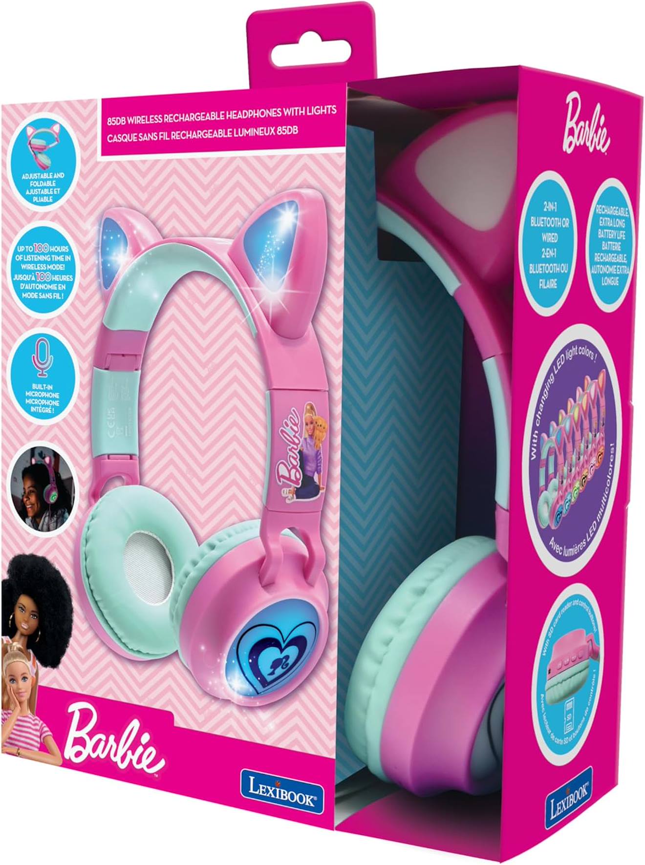 Casque audio 2-en-1 Bluetooth et filaire Barbie, sans fil rechargeable lumineux avec oreilles de chat multicolore