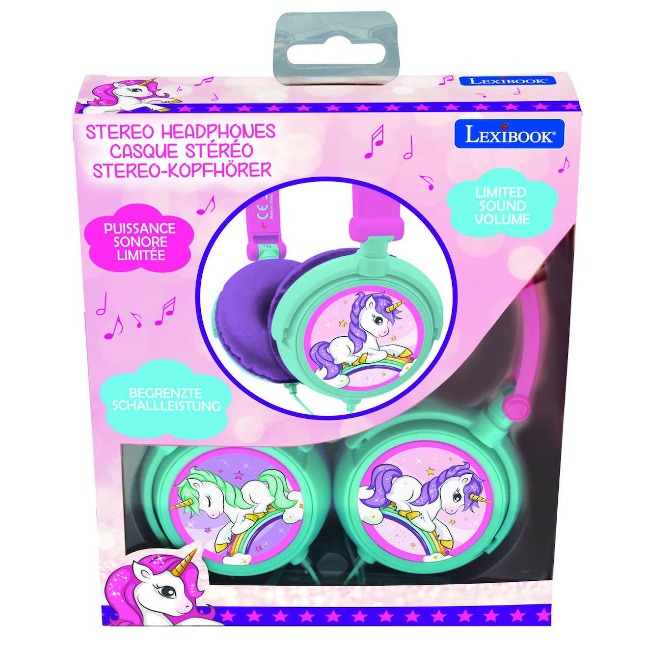 Casque stéréo filaire pliable licorne avec limitation de volume d'écoute multicolore