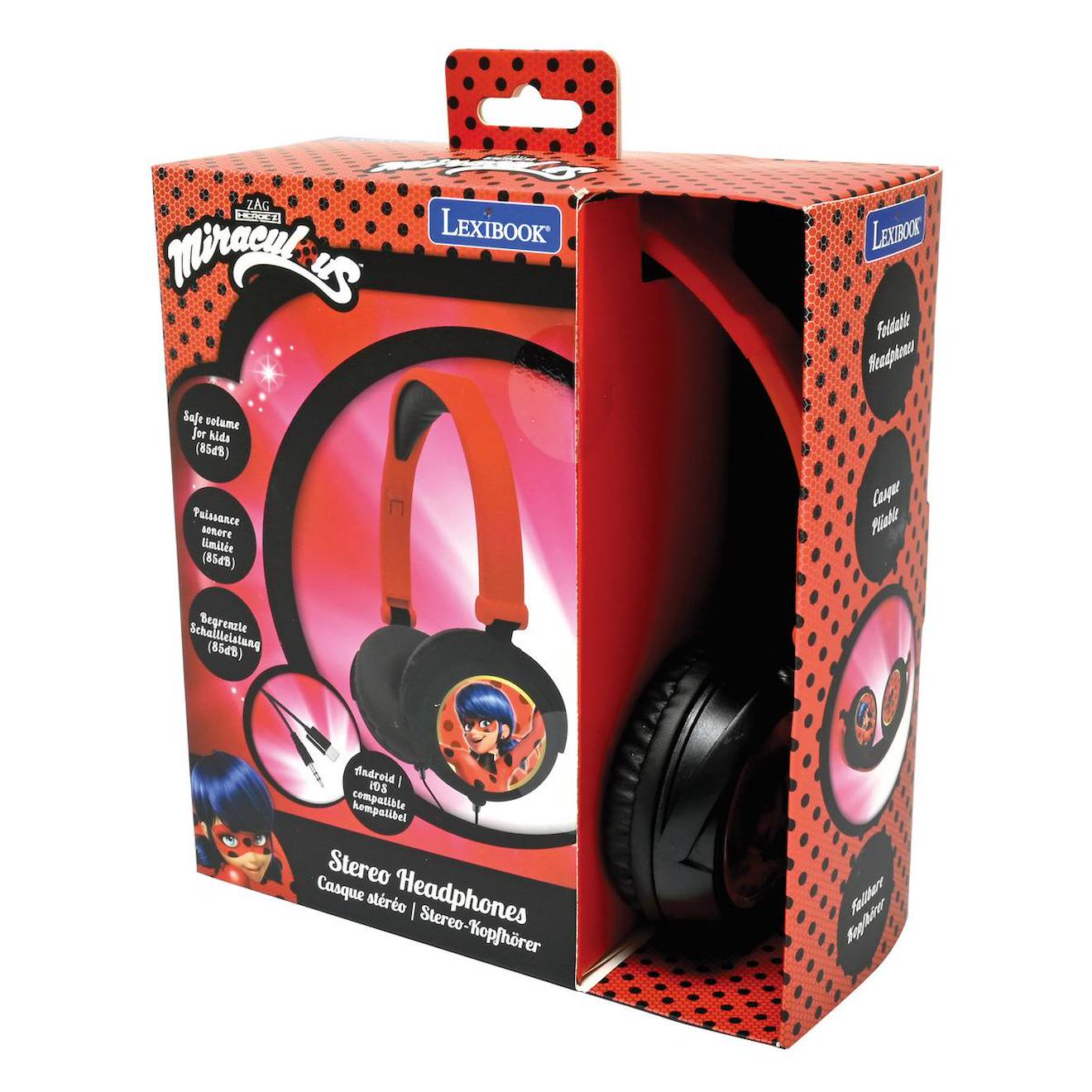 Casque stéréo filaire pliable miraculous avec limitation de volume d'écoute multicolore