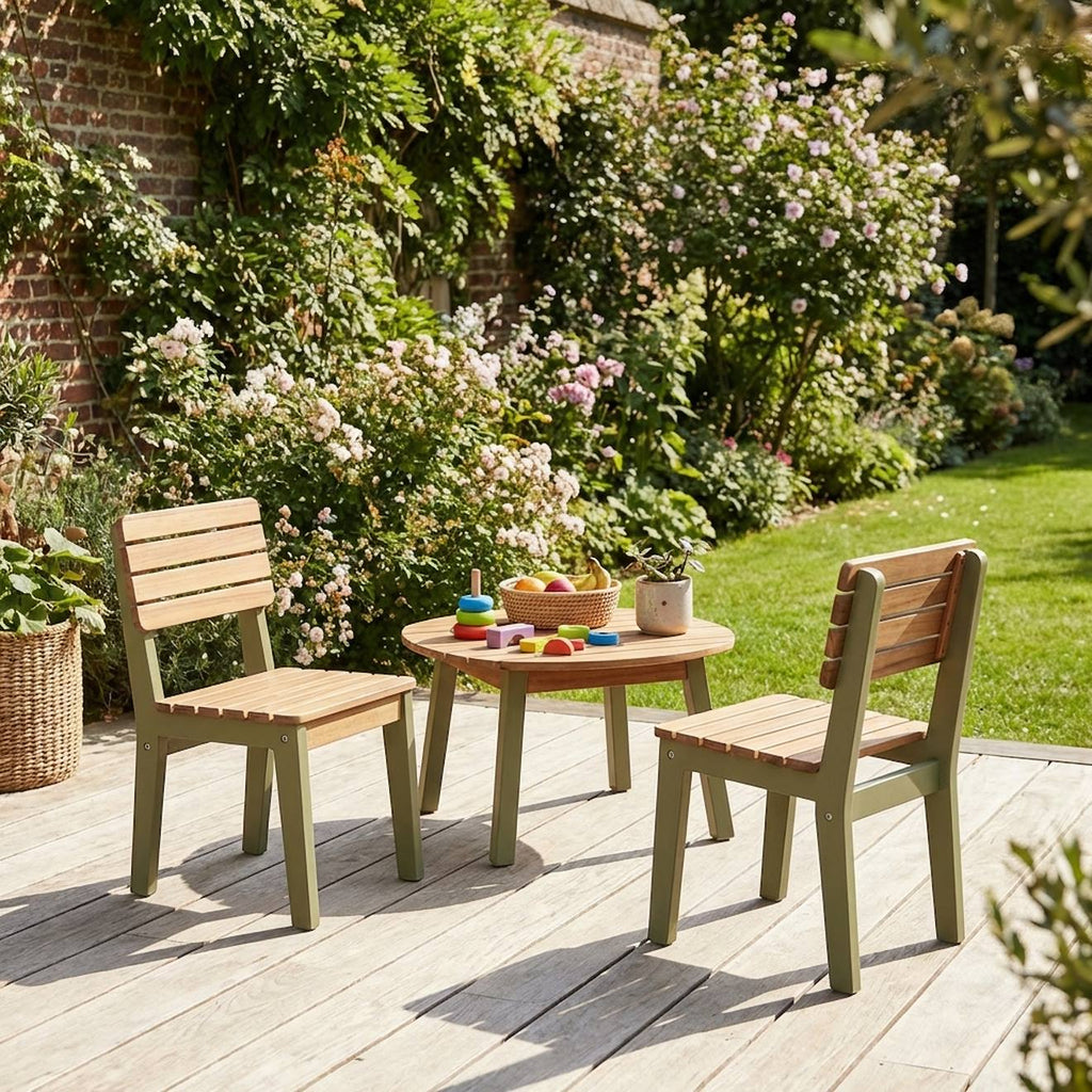 Chaise bois pour enfant intérieur/extérieur, salon de jardin enfant bois d'acacia (lot de 2) caroline vert de gris