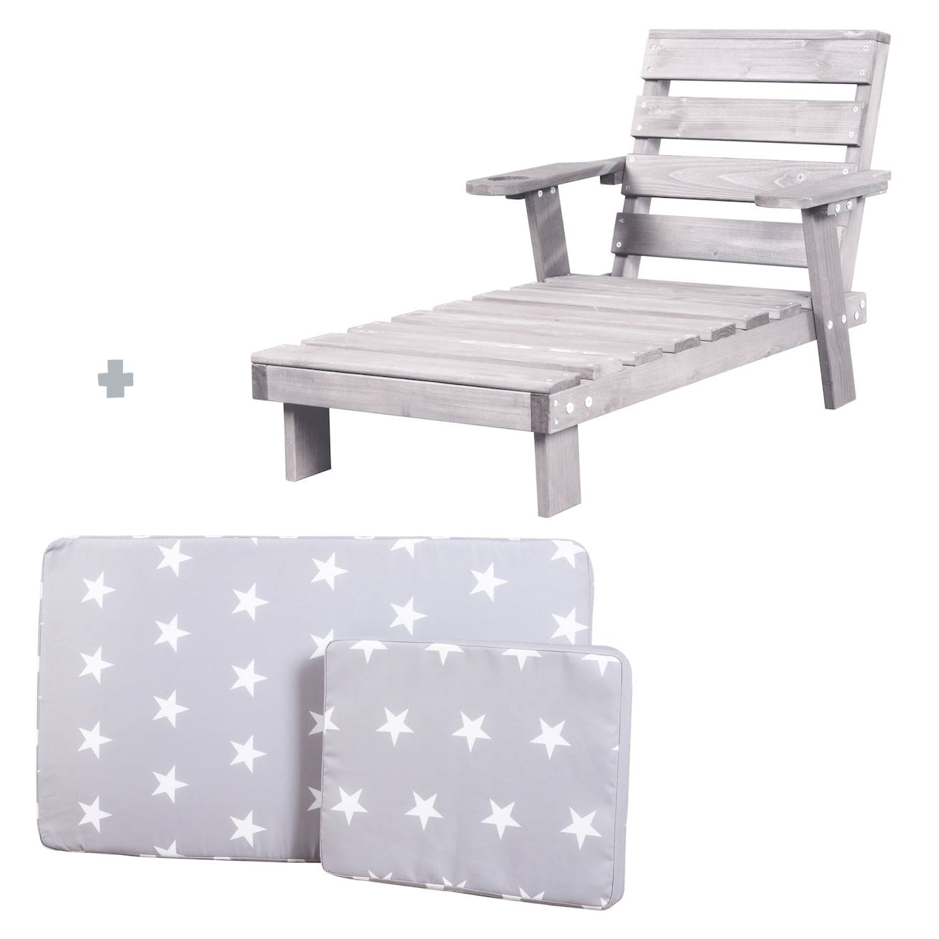 Chaise longue en bois massif FSC avec 2 coussins gris