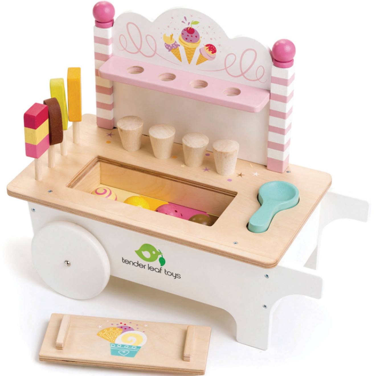 Chariot crème glacée en bois blanc, beige, rose