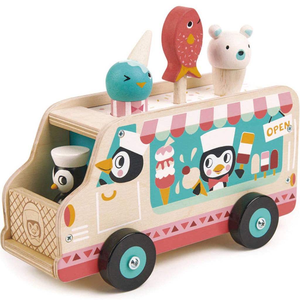 Chariot de crème glacée pingouins rose, vert, beige