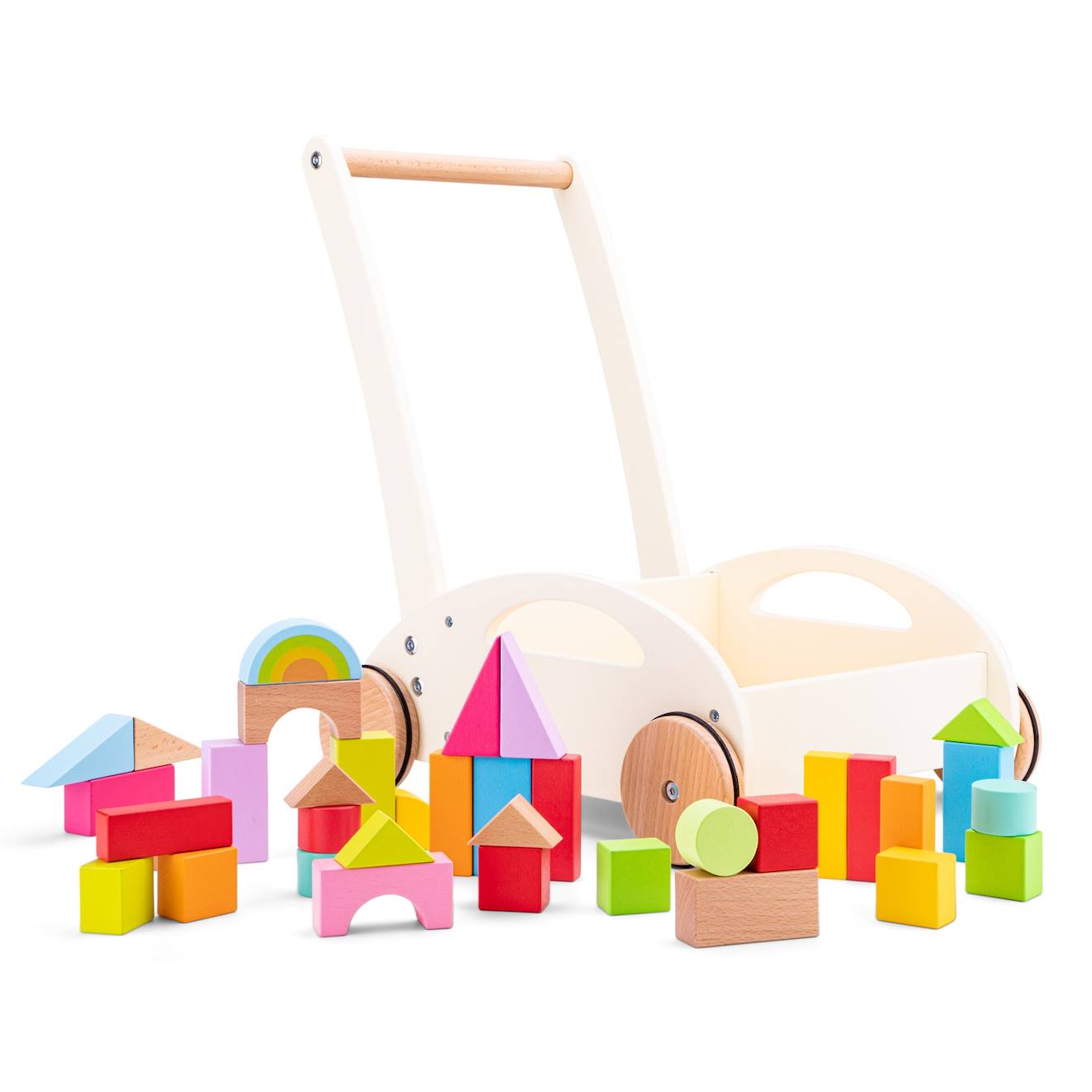 Chariot de marché et blocs en bois blanc