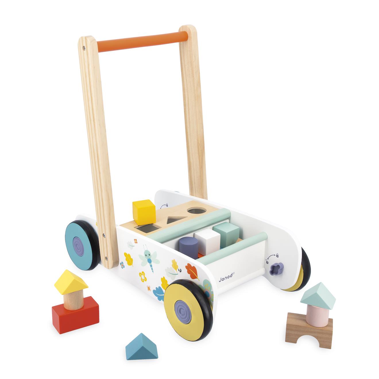 Chariot de marché et cubes en bois multicolore