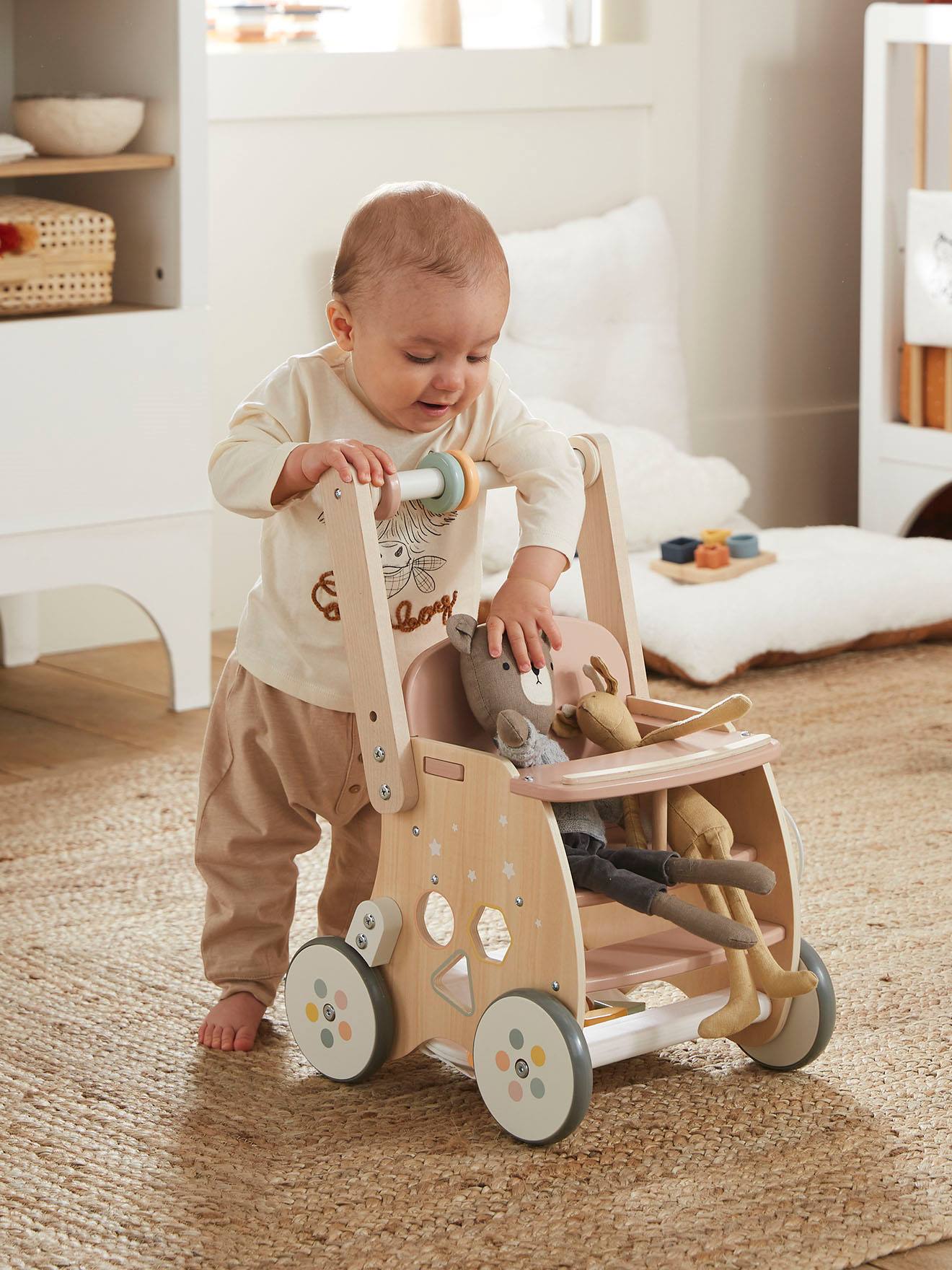 Chariot de marché poussette en bois FSC rose