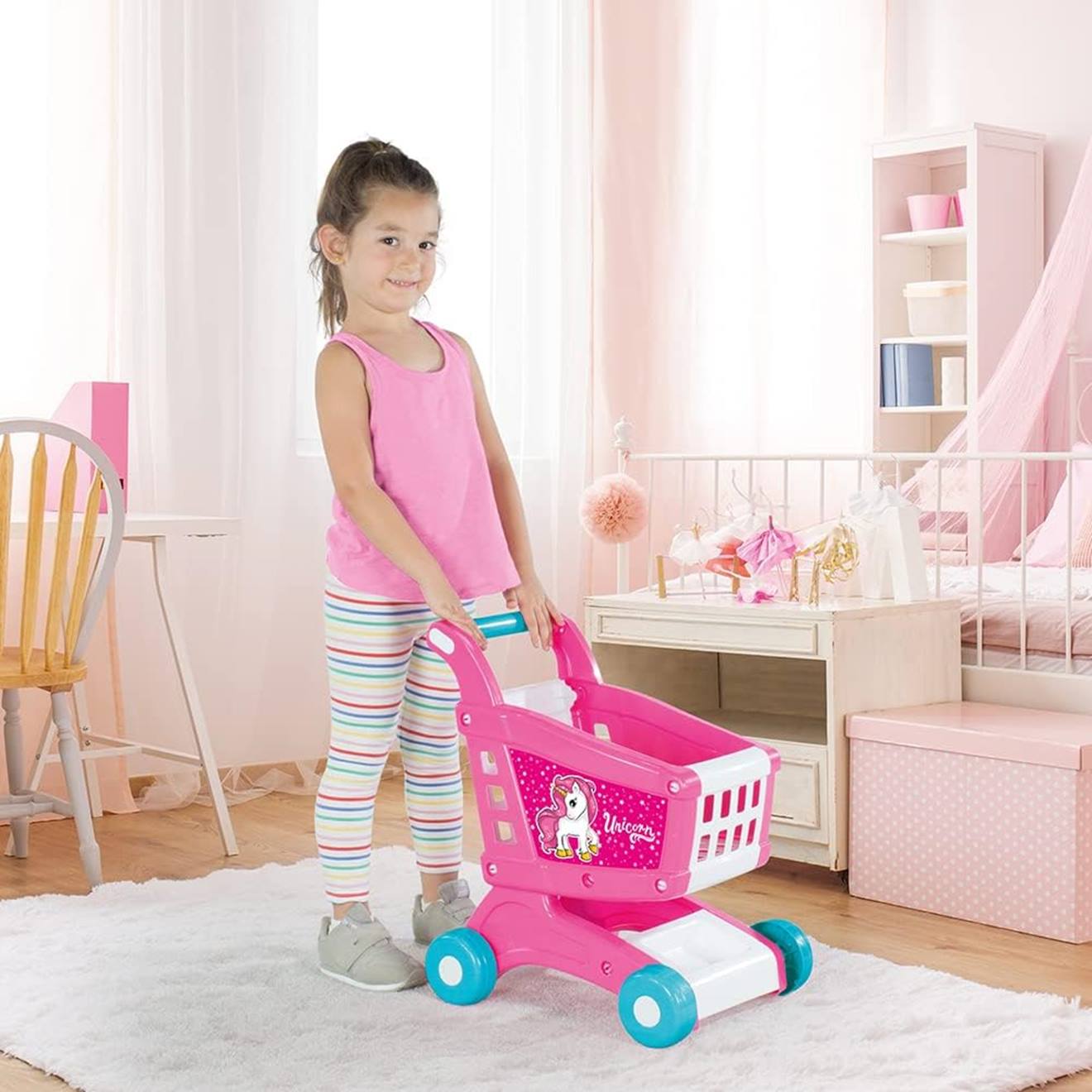 Chariot de supermarché motif unicorne rose