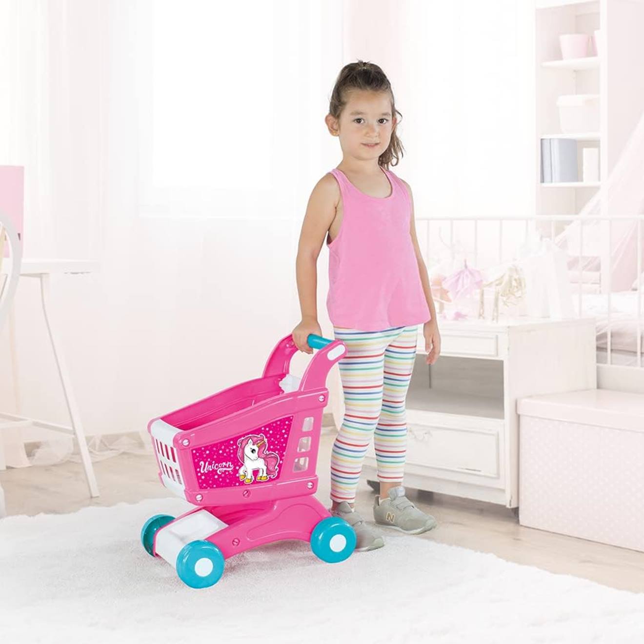 Chariot de supermarché motif unicorne rose