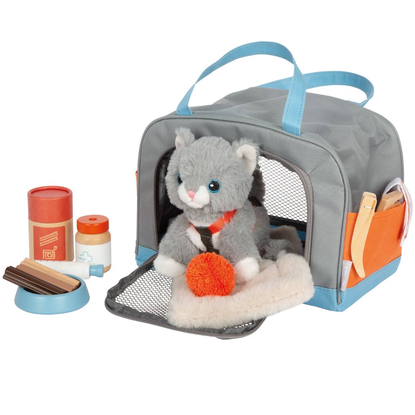 Chat avec sac et kit de soins gris